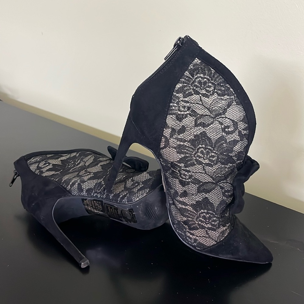 Madison by Shoedazzle Alanna high heel black suede lace booties back zip - Picture 9 of 11